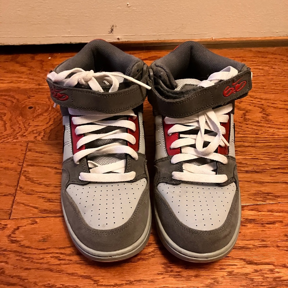 Gray and Red Nikes with Velcro